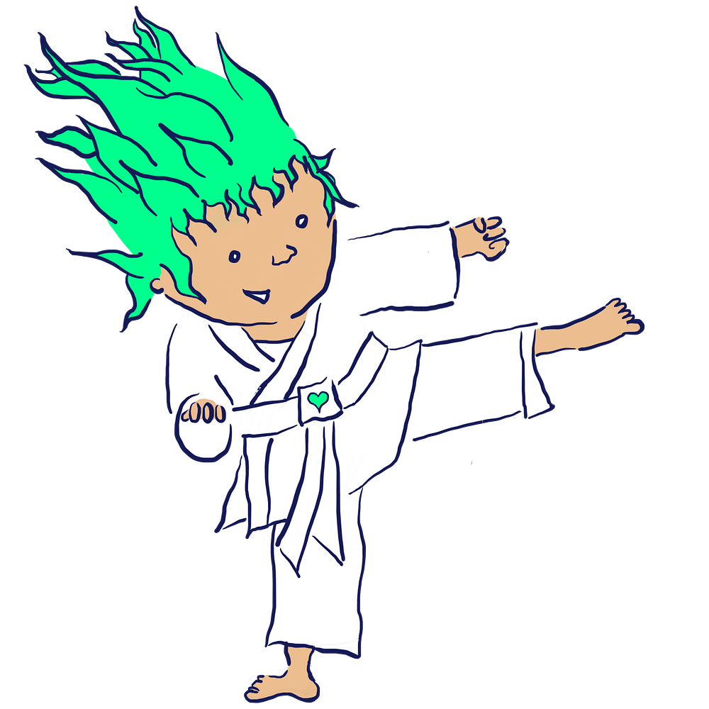 Illustration of a kid with green, neon hair enjoying a perfect kick & punch combo move with a big smile.