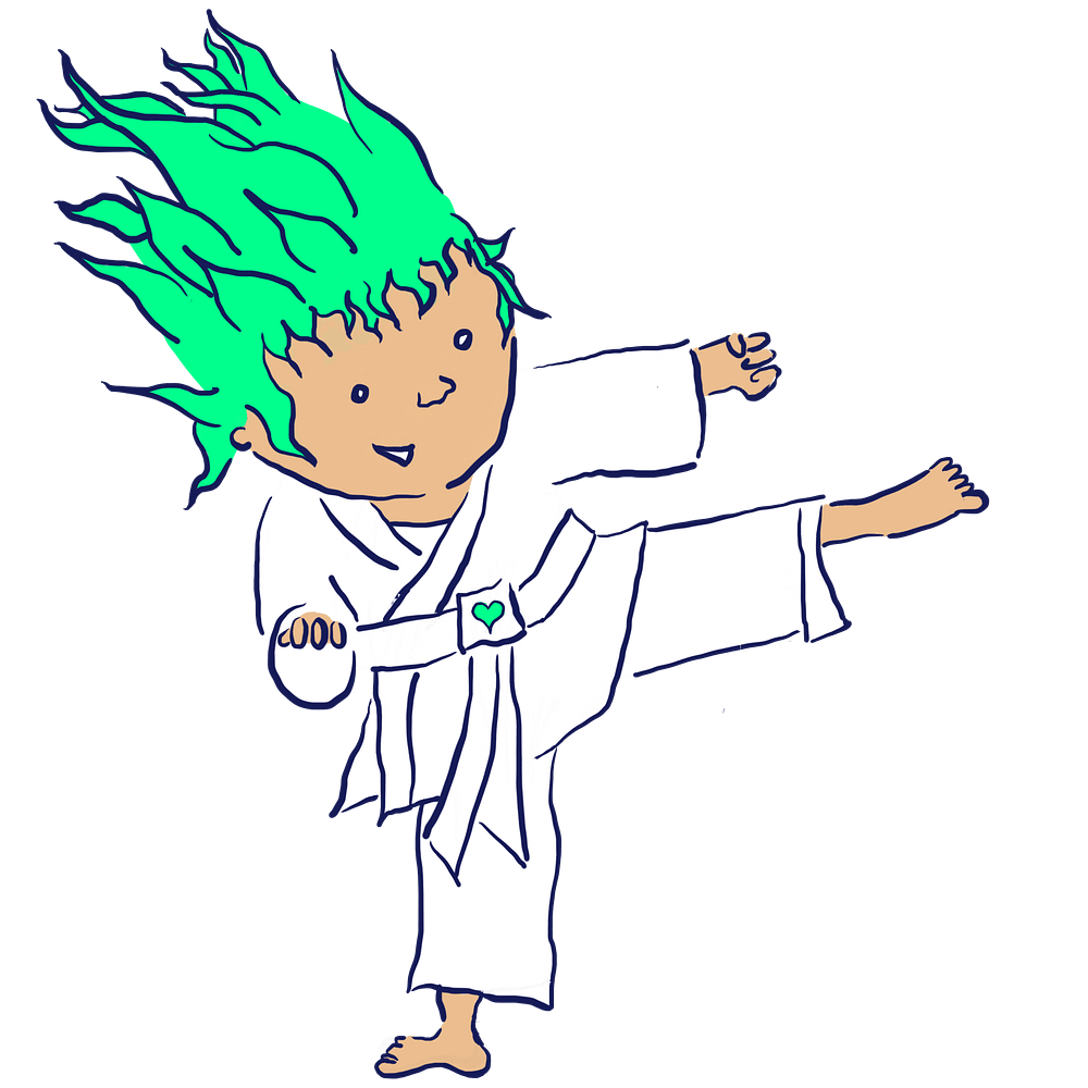 Creative Entrepreneurs Kick Ass in Flow State Illustration of a kid with green, neon hair enjoying a perfect kick & punch combo move with a big smile.