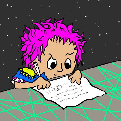 Pink haired kid writes & draws under the stars